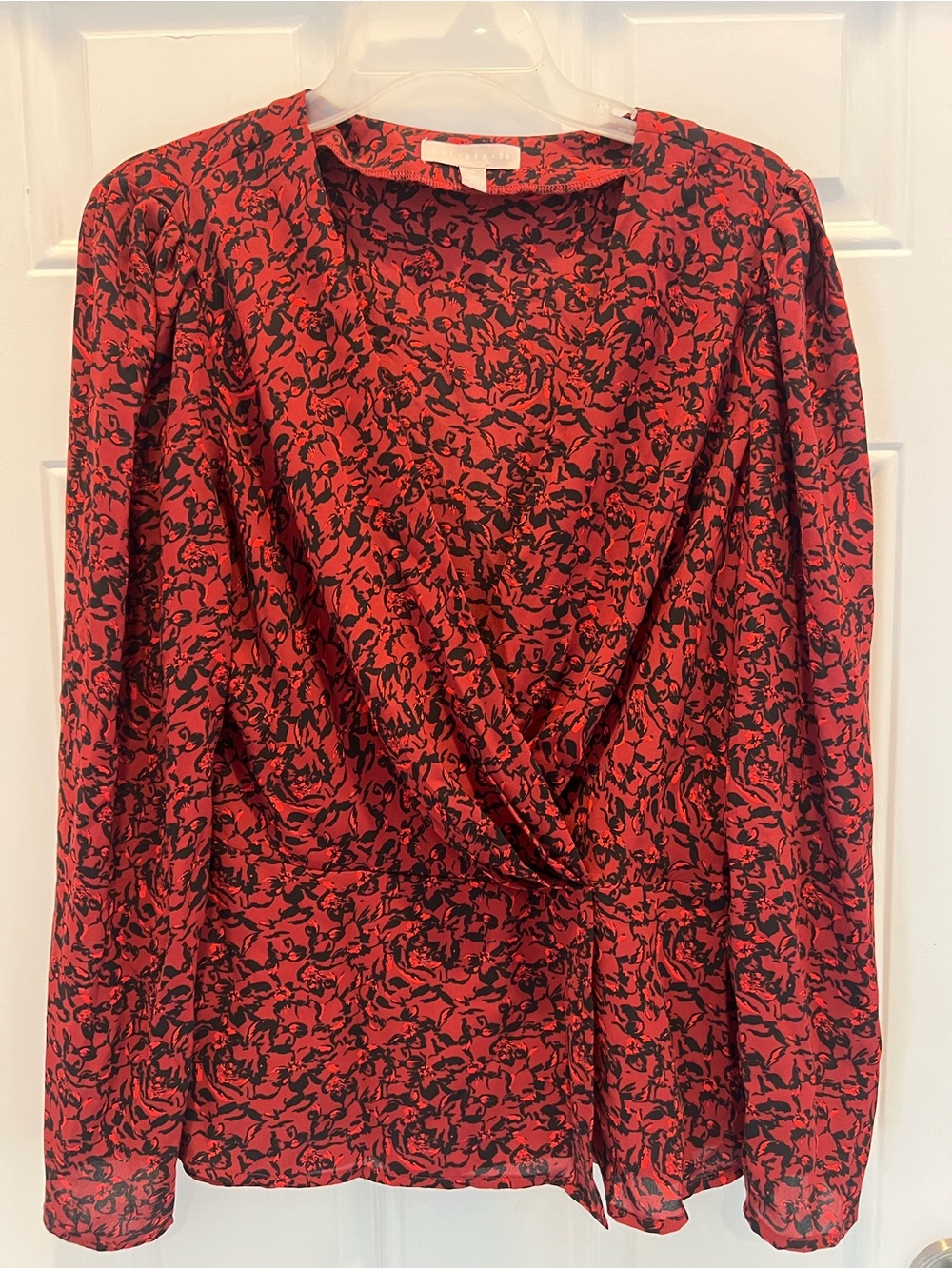 Chelsea28 Women Blouse Medium Red Black Floral V-Neck Sheer Long Sleeve #871